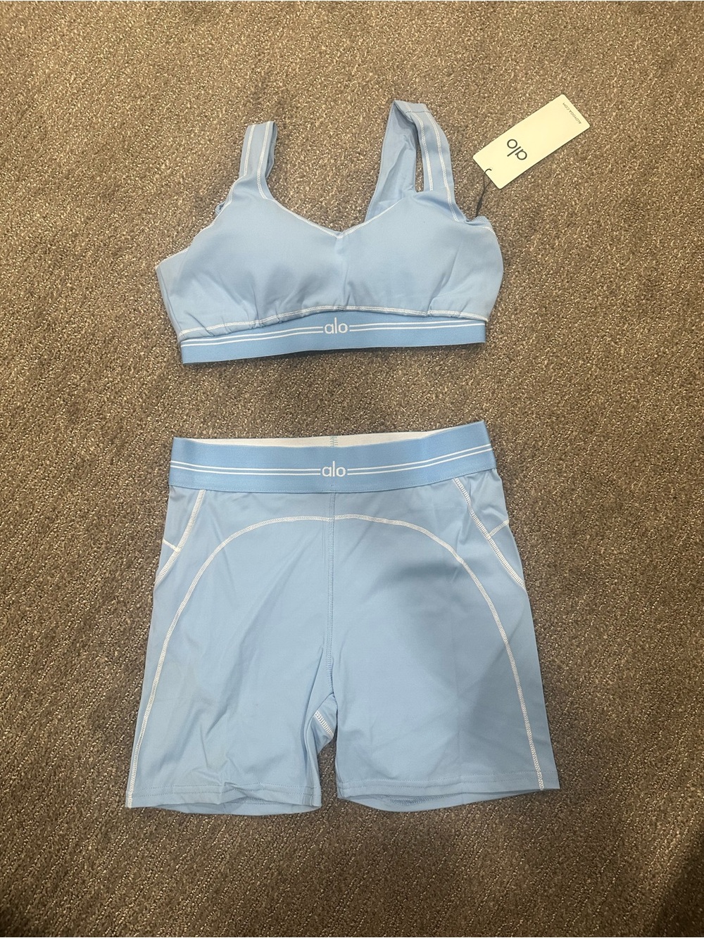 ALO Yoga Powder Blue Sports Bra and Bike Shorts Set